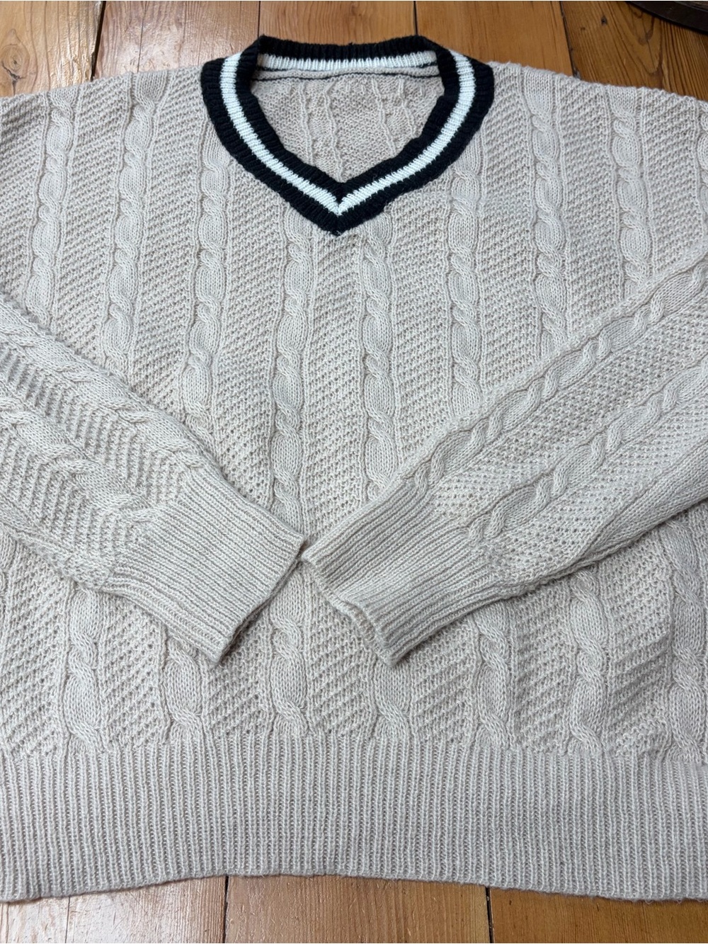 Cream Cable-Knit V-Neck Sweater with Contrast Trim